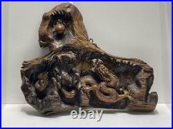 Vintage Keyaki Wood Sculpture. 27in tall Dragon Carving -Natural Wood Wall Art