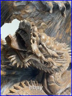 Vintage Keyaki Wood Sculpture. 27in tall Dragon Carving -Natural Wood Wall Art