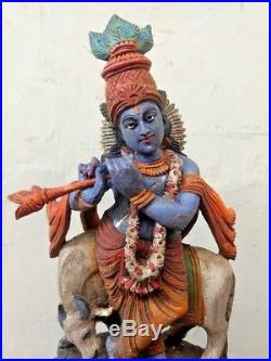 Vintage Krishna Statue Hindu God Temple Wooden Sculpture Handcarved Nandi Murti