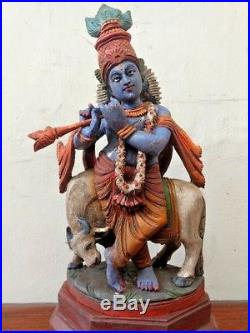 Vintage Krishna Statue Hindu God Temple Wooden Sculpture Handcarved Nandi Murti