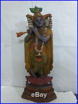 Vintage Krishna Wooden Statue Hindu God Temple Hand carved sculpture Figurine Ra