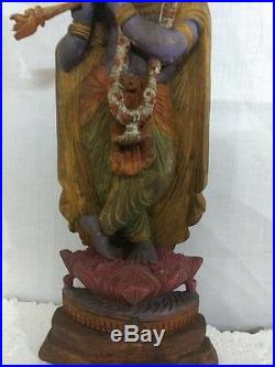 Vintage Krishna Wooden Statue Hindu God Temple Hand carved sculpture Figurine Ra