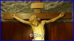 Vintage Large 43 Wood Carving Church Wall Crucifix Cross Jesus Christ Statue