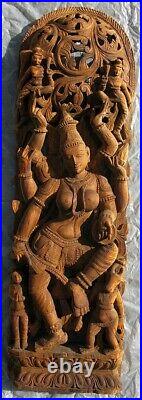 Vintage Large Asian Carved Wood Hindu Goddess Deity Wall Sculpture 47X14 inch