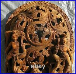 Vintage Large Asian Carved Wood Hindu Goddess Deity Wall Sculpture 47X14 inch