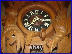 Vintage Large Black Forest Hunter Cuckoo Clock Bird Wood Carving West Germany