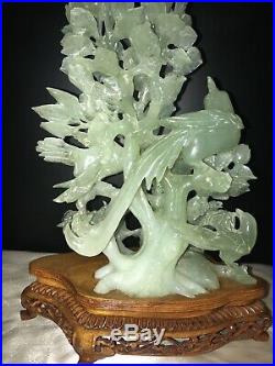 Vintage Large Chinese JADE Sculpture of Carved Birds & Flowers on wood Stand