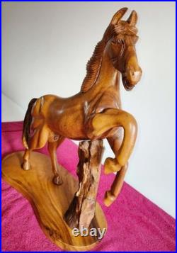 Vintage Large Hand Carved Solid Wood Horse Sculpture Rustic Hardwood Statue 20'