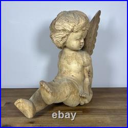 Vintage Large Hand Carved Solid Wood Sitting Cherub Angel Figure