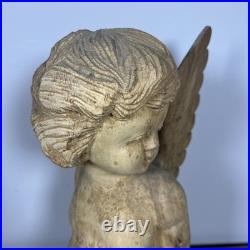 Vintage Large Hand Carved Solid Wood Sitting Cherub Angel Figure