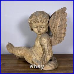 Vintage Large Hand Carved Solid Wood Sitting Cherub Angel Figure