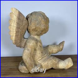 Vintage Large Hand Carved Solid Wood Sitting Cherub Angel Figure