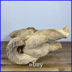 Vintage Large Hand Carved Solid Wood Sitting Cherub Angel Figure