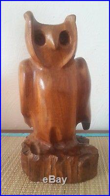 Vintage Large Hand Carved Wood Owl Folk Art Sculpture Signed R. L. Miller MCM