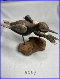 Vintage Large Wood Carved Shorebirds Sculpture Display On Unique Driftwood Base
