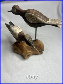 Vintage Large Wood Carved Shorebirds Sculpture Display On Unique Driftwood Base
