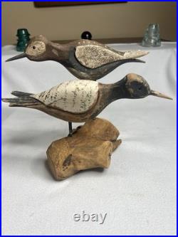 Vintage Large Wood Carved Shorebirds Sculpture Display On Unique Driftwood Base