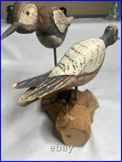 Vintage Large Wood Carved Shorebirds Sculpture Display On Unique Driftwood Base