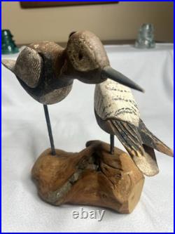 Vintage Large Wood Carved Shorebirds Sculpture Display On Unique Driftwood Base