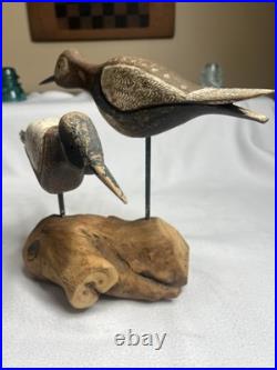 Vintage Large Wood Carved Shorebirds Sculpture Display On Unique Driftwood Base