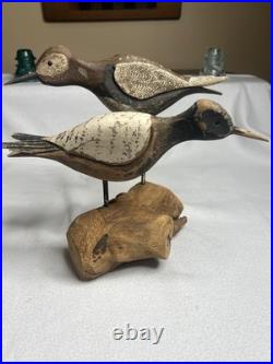 Vintage Large Wood Carved Shorebirds Sculpture Display On Unique Driftwood Base