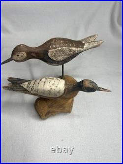 Vintage Large Wood Carved Shorebirds Sculpture Display On Unique Driftwood Base