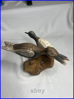 Vintage Large Wood Carved Shorebirds Sculpture Display On Unique Driftwood Base