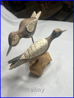 Vintage Large Wood Carved Shorebirds Sculpture Display On Unique Driftwood Base