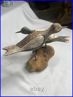 Vintage Large Wood Carved Shorebirds Sculpture Display On Unique Driftwood Base