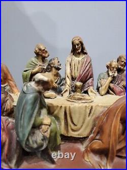 Vintage Last Supper 3D Full Color Composite Sculpture Jesus Wood Base Italy