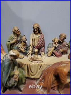 Vintage Last Supper 3D Full Color Composite Sculpture Jesus Wood Base Italy