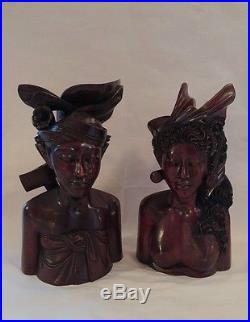 Vintage M D Panti Bali Pr Statue Bust Man Woman Wedding Carved Wood Sculptures