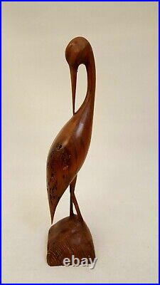 Vintage MCM Artisan carved wood Egret / Crane sculpture statue signed Scott 15