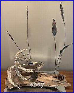 Vintage MCM Brutalist C Jere Style Metal Sculpture on Wood Koi Fish & Cattails