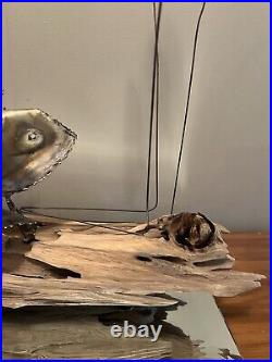 Vintage MCM Brutalist C Jere Style Metal Sculpture on Wood Koi Fish & Cattails