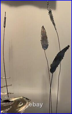 Vintage MCM Brutalist C Jere Style Metal Sculpture on Wood Koi Fish & Cattails