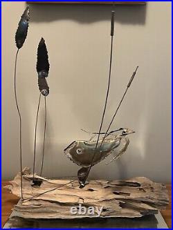 Vintage MCM Brutalist C Jere Style Metal Sculpture on Wood Koi Fish & Cattails