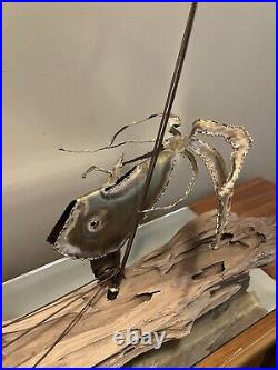 Vintage MCM Brutalist C Jere Style Metal Sculpture on Wood Koi Fish & Cattails