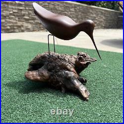 Vintage MCM Hand Carved Wood Shorebird On Burl Wood Sculpture Signed 1977