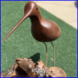 Vintage MCM Hand Carved Wood Shorebird On Burl Wood Sculpture Signed 1977