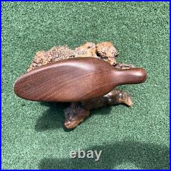 Vintage MCM Hand Carved Wood Shorebird On Burl Wood Sculpture Signed 1977