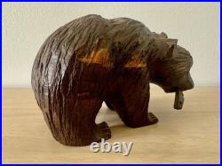 Vintage MCM Japanese Hand Carved Bear w Fish Ainu Style Wood Sculpture