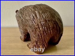 Vintage MCM Japanese Hand Carved Bear w Fish Ainu Style Wood Sculpture