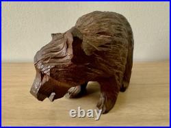 Vintage MCM Japanese Hand Carved Bear w Fish Ainu Style Wood Sculpture