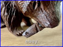 Vintage MCM Japanese Hand Carved Bear w Fish Ainu Style Wood Sculpture
