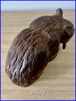 Vintage MCM Japanese Hand Carved Bear w Fish Ainu Style Wood Sculpture