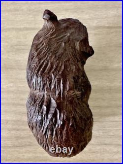 Vintage MCM Japanese Hand Carved Bear w Fish Ainu Style Wood Sculpture