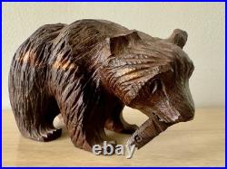 Vintage MCM Japanese Hand Carved Bear w Fish Ainu Style Wood Sculpture