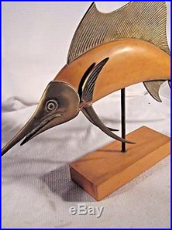Vintage MCM Mid Century Modern Frederick Cooper Brass & Wood Sailfish Sculptures
