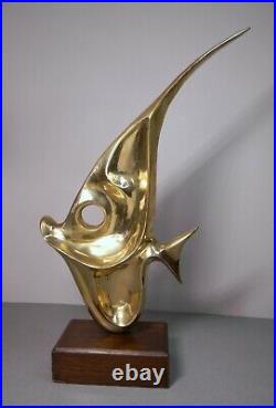 Vintage MCM Mid-Century Modern Heavy Abstract Brass Fish Sculpture on Wood Base
